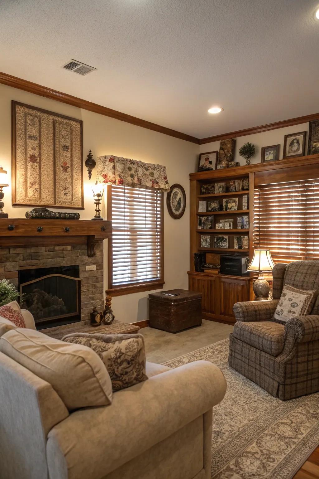 Welcoming living area showcasing timber half window covers.