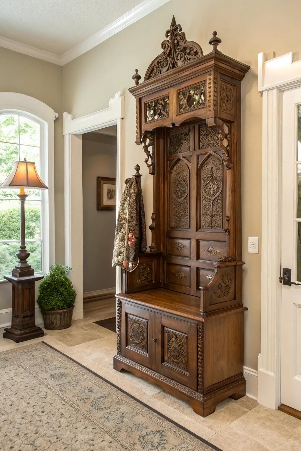 A classic wooden hall tree introduces timeless elegance to any home.
