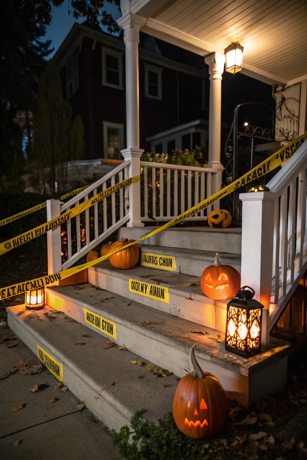 An eerie porch arrangement with hazard tape and gourds.