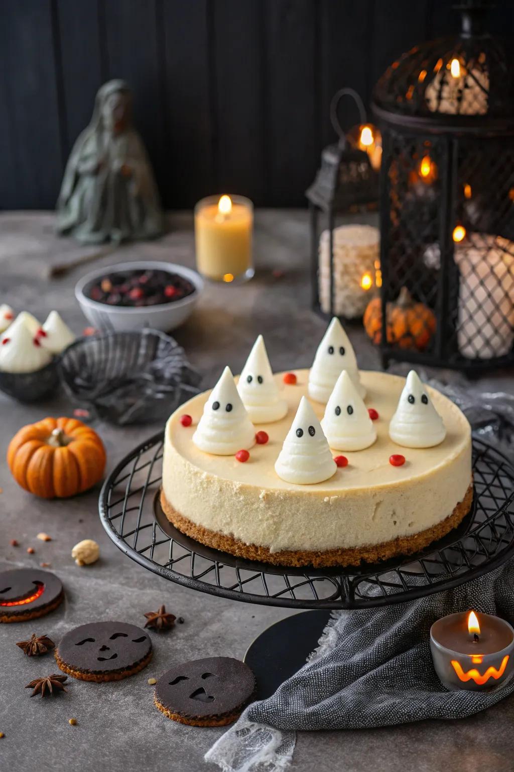 Spectral figures bestow an eerie allure upon this cheesecake.