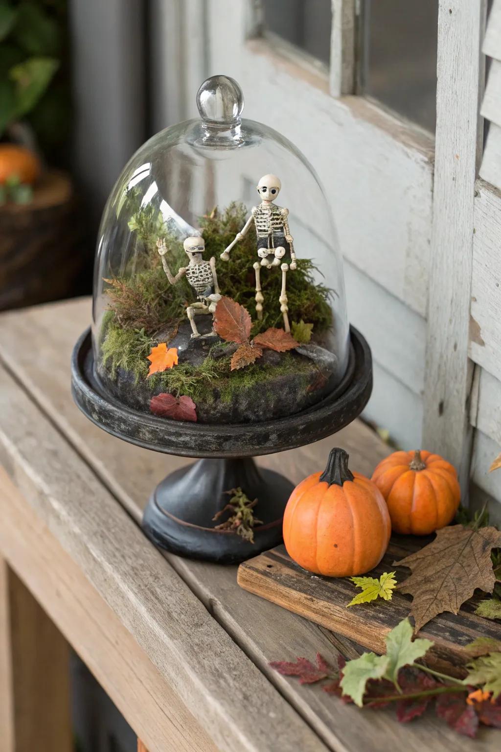 A spooky display case featuring skeletons and foliage for a graveyard atmosphere.