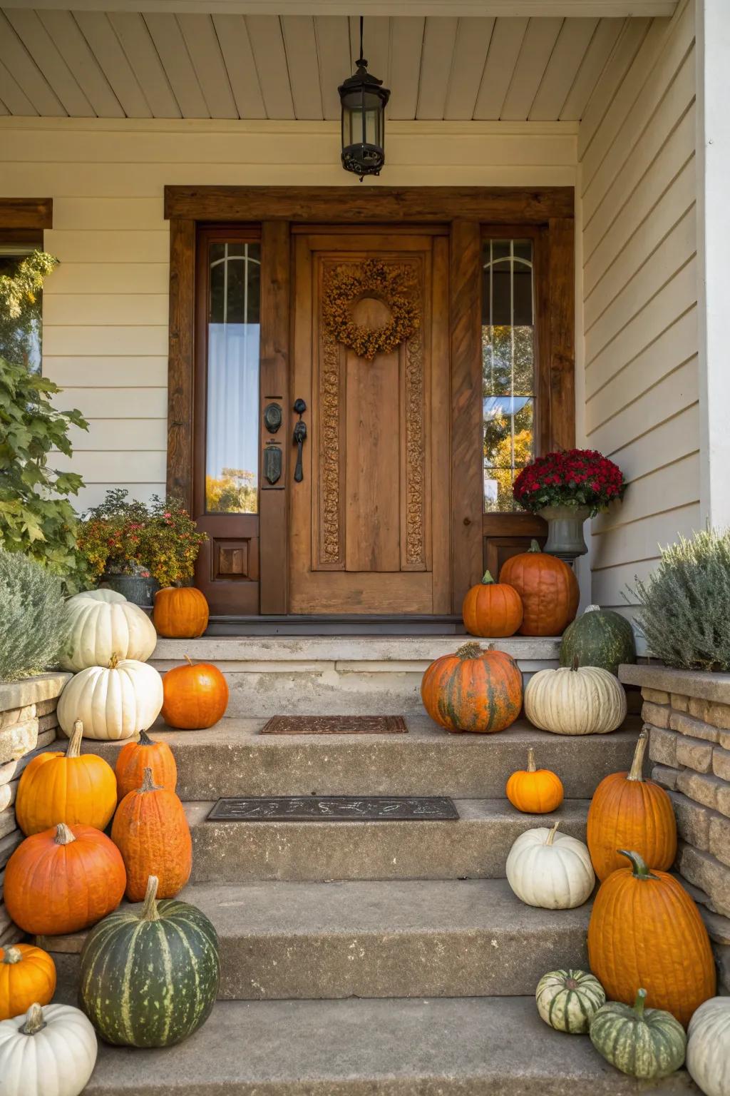 A beautifully arranged gourd grouping to greet all your Halloween visitors.