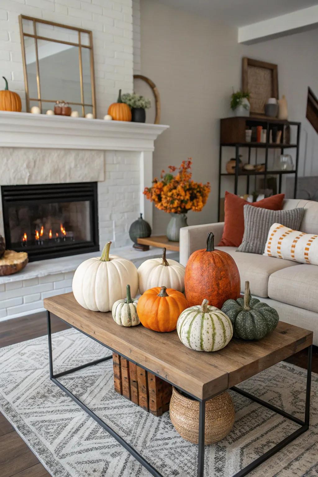 A squash showcase brings celebratory charm to any living room.