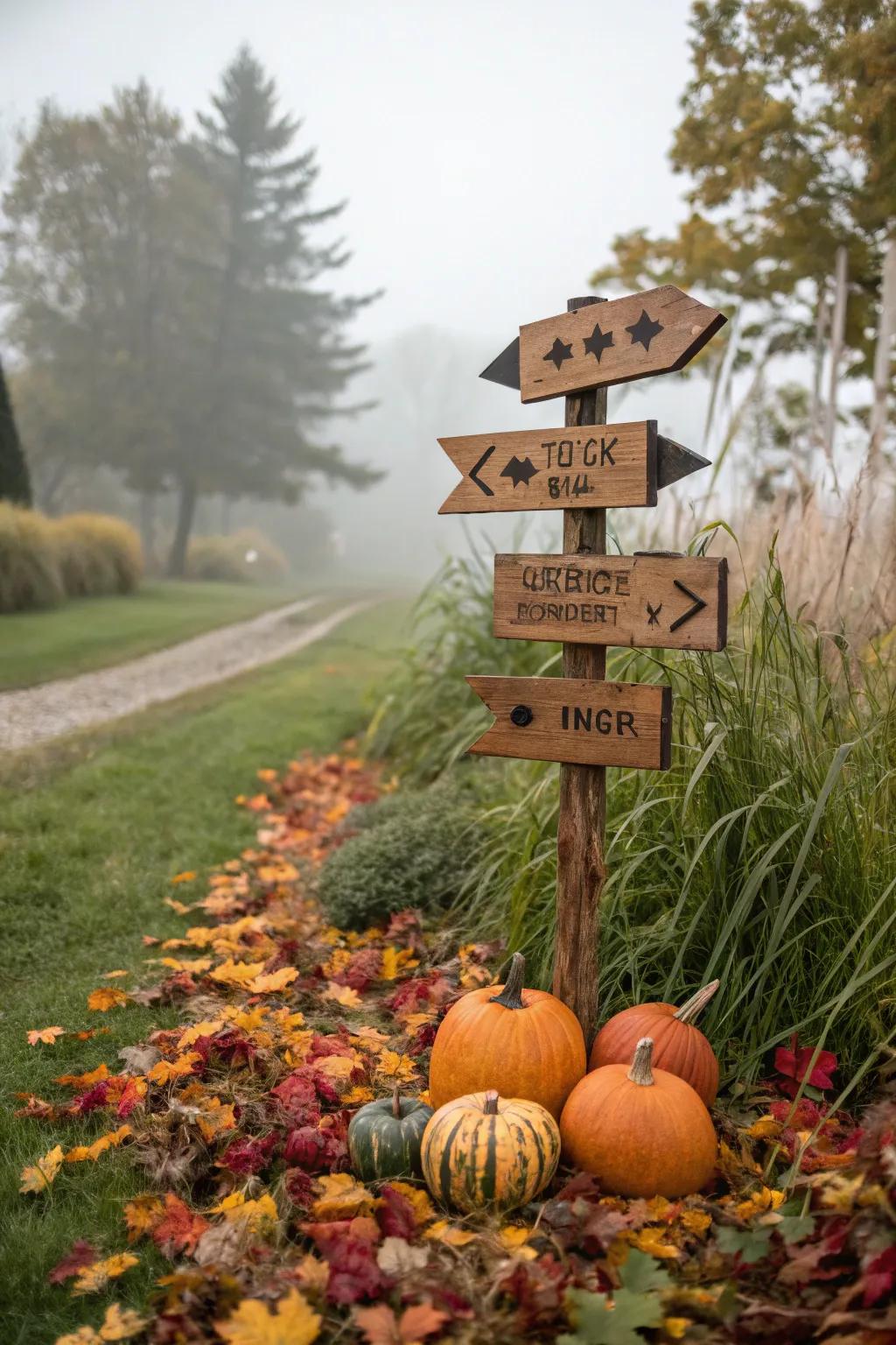 A homespun, multi-directional Halloween sign placed wonderfully in the garden.