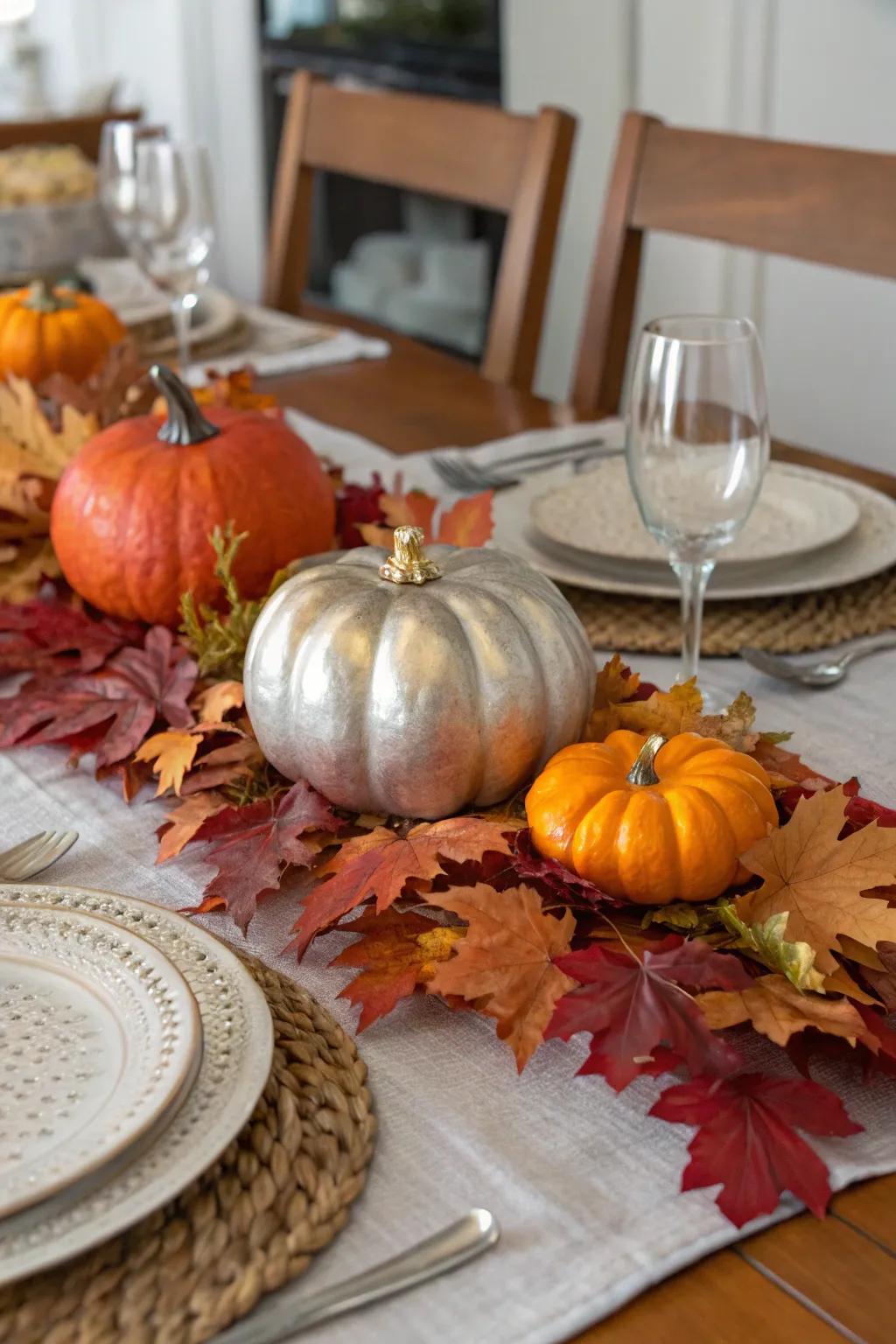 A gourd centerpiece incorporating charm and elegance to the Halloween dining display.