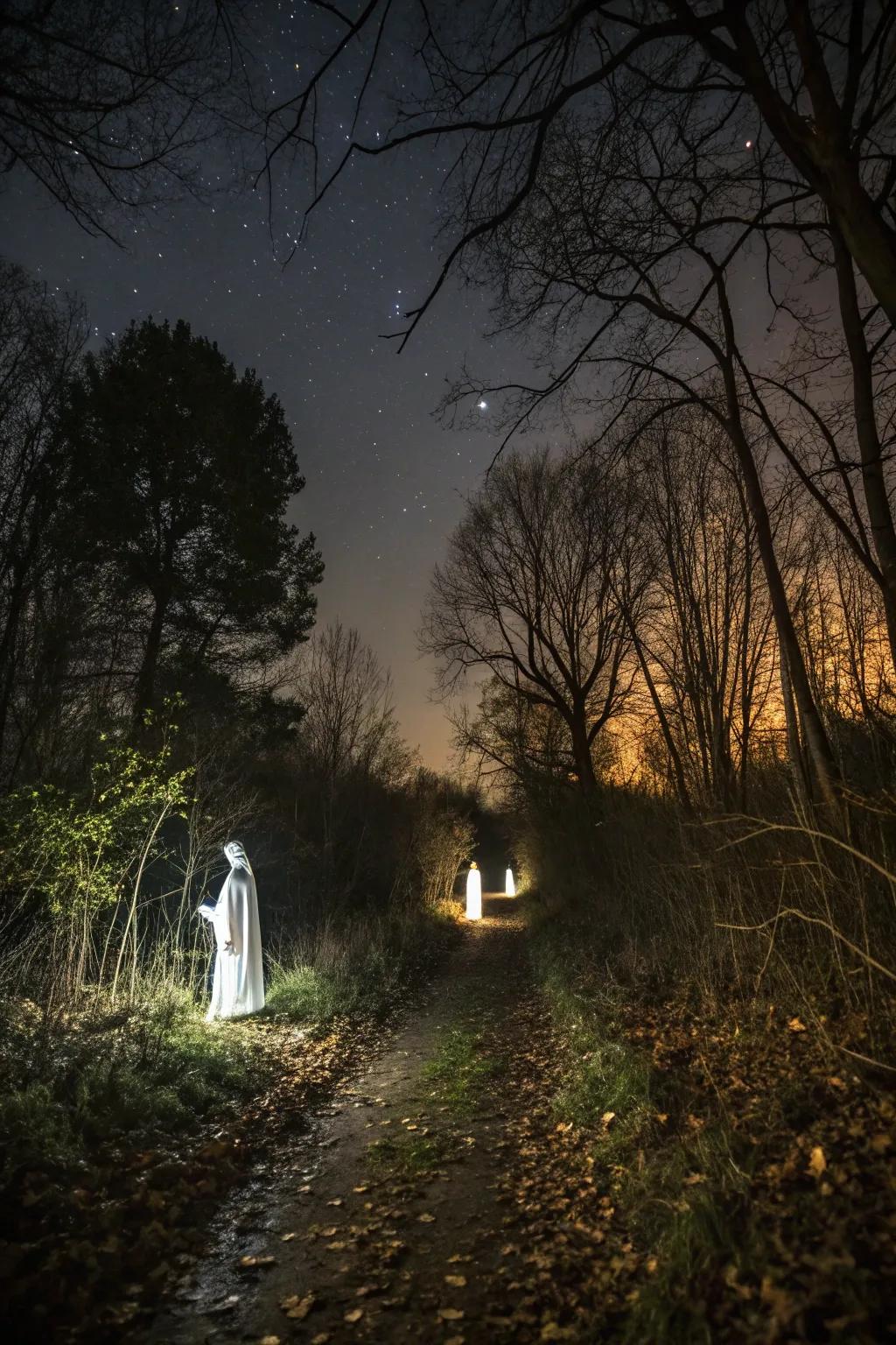 Ghostly shapes lead the way along a woodland path.