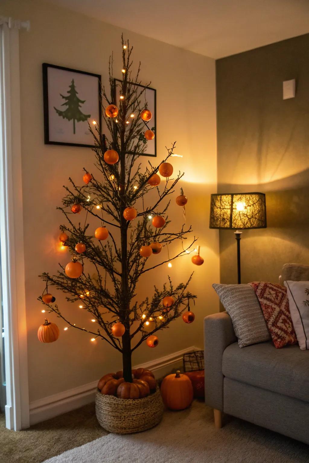 A Halloween tree glowing with mini pumpkins and orange lights.