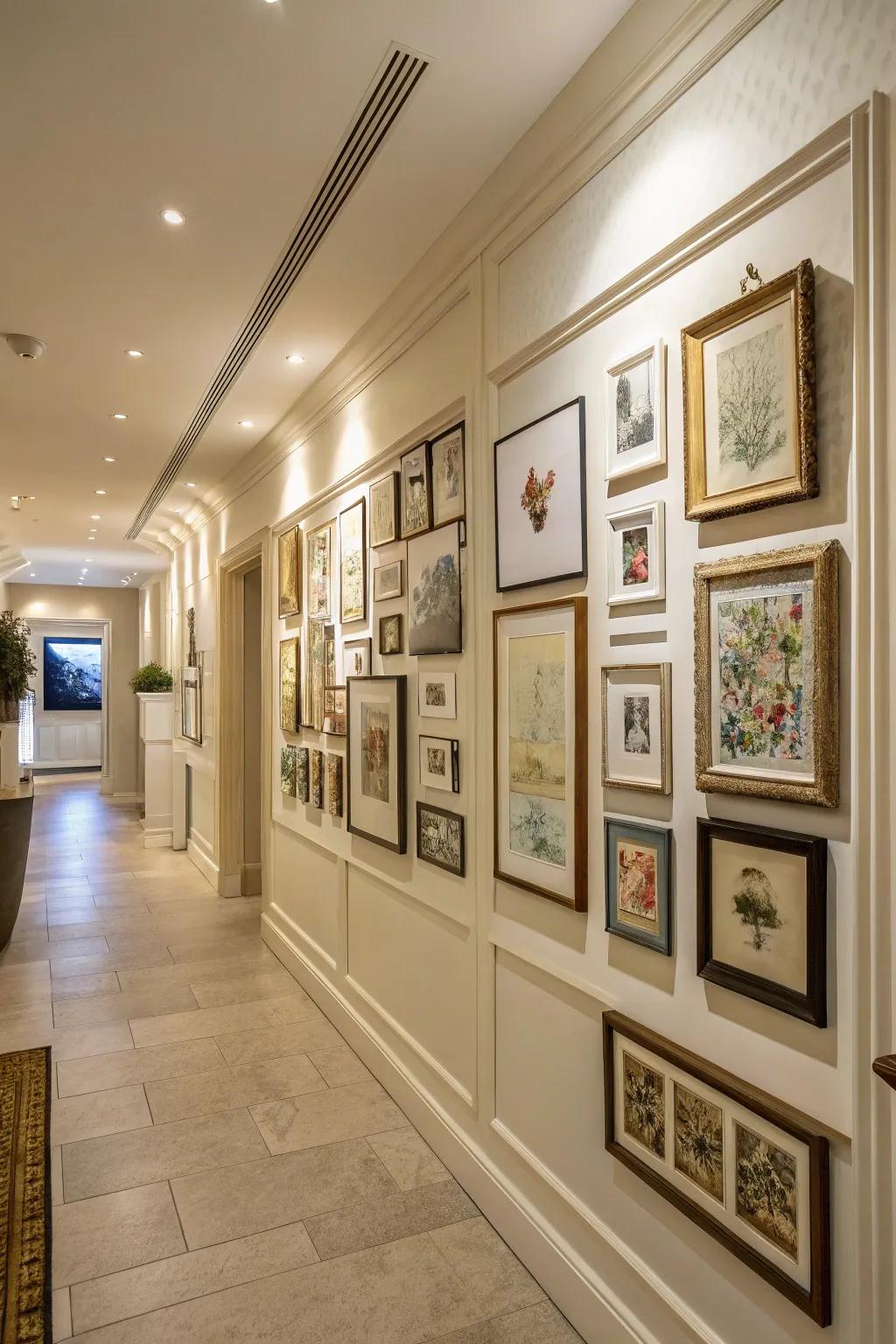 A gallery wall redefines the hallway as an artistic passage.
