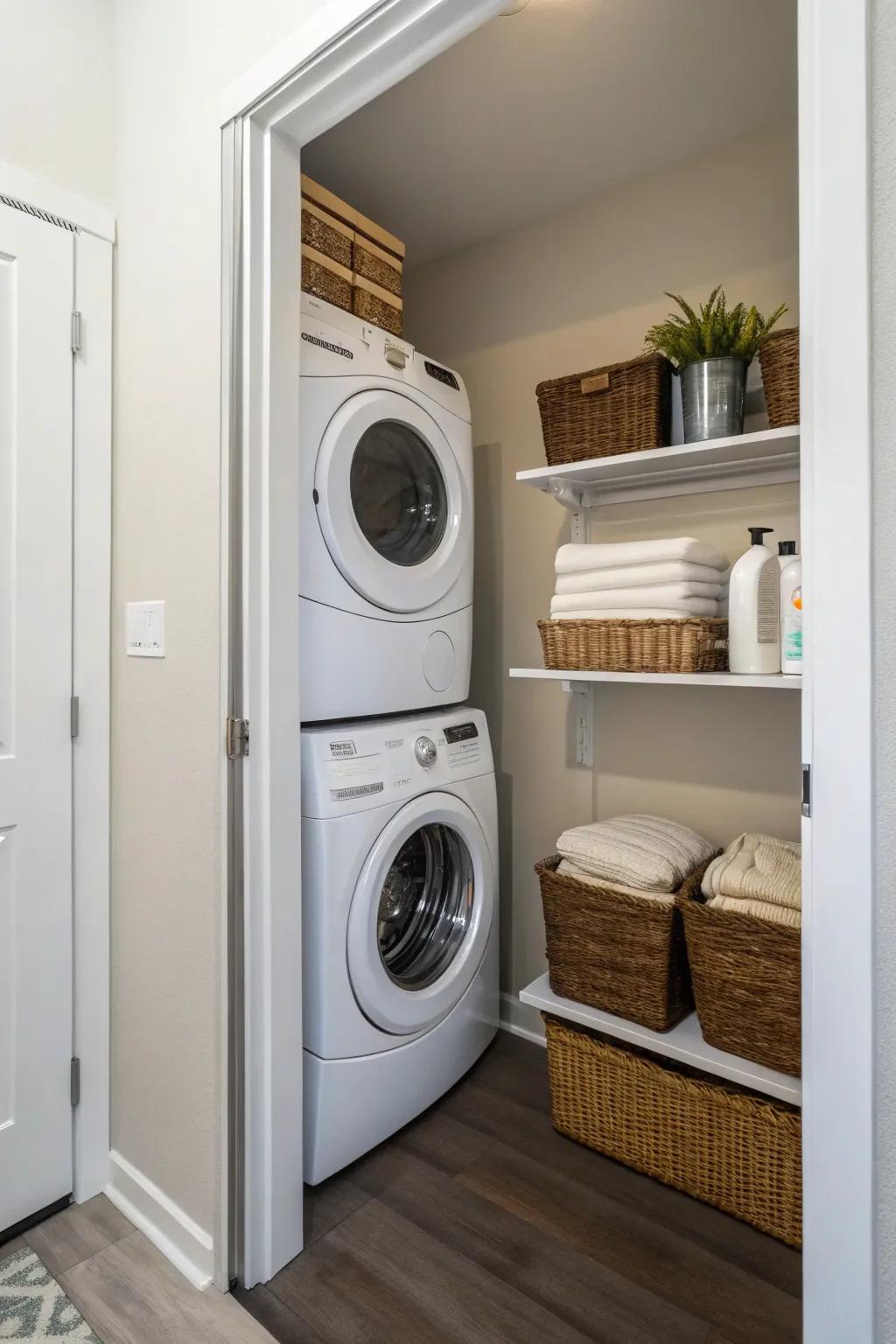 A streamlined and effective stacked washer and dryer arrangement.