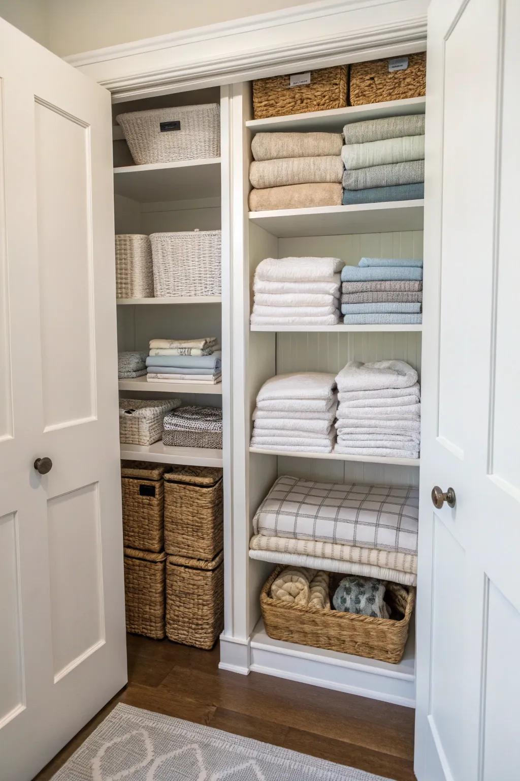 Customizable shelves create space for all your linens, from towels to comforters.