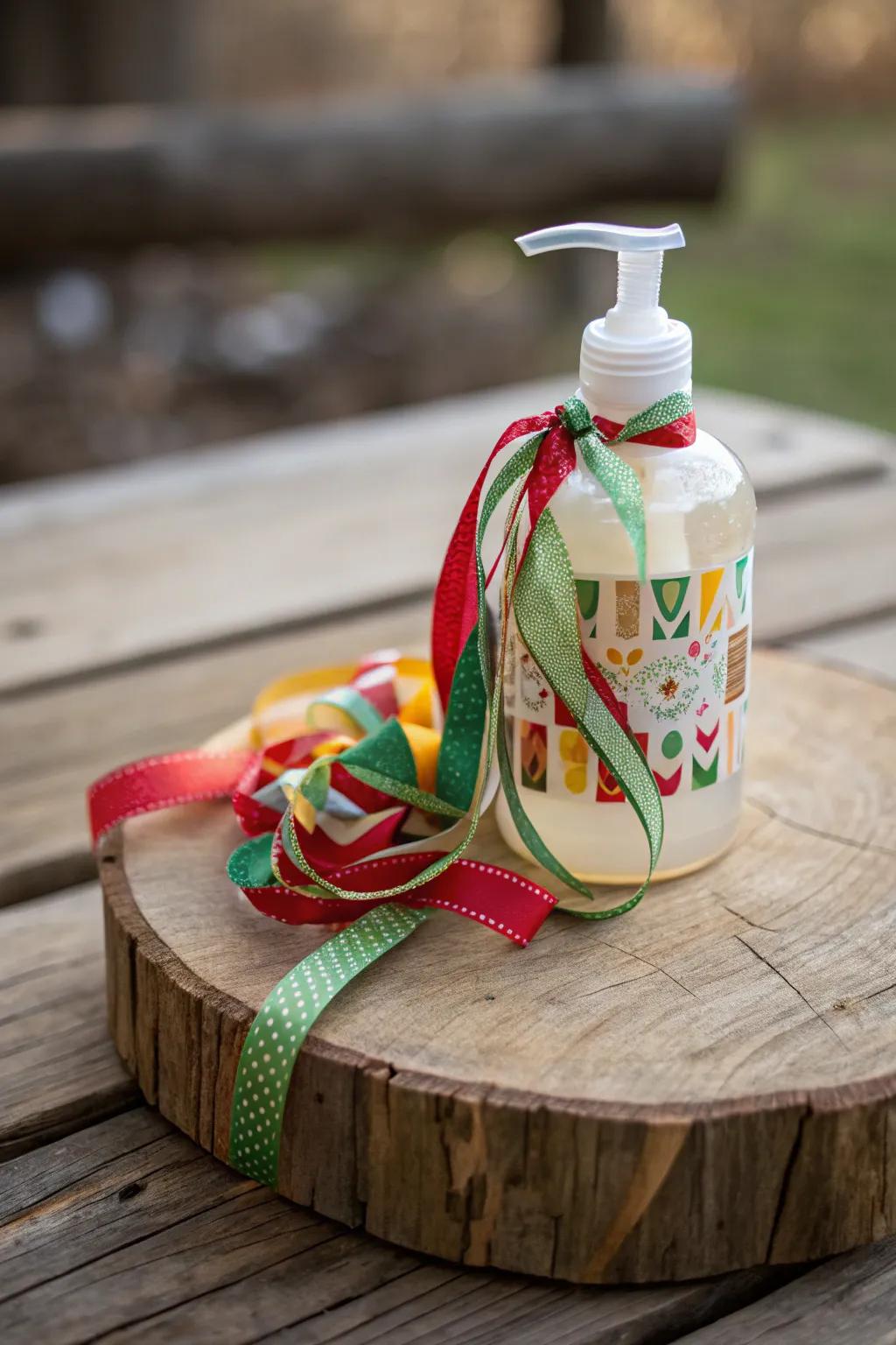 Hand soap adorned with vibrant ribbons for a festive allure.