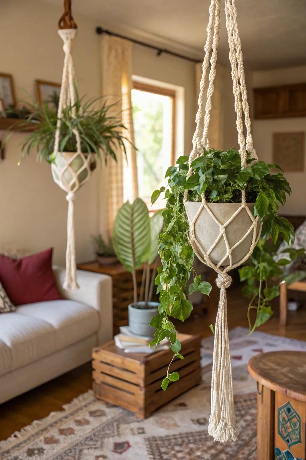 Woven plant holders contribute a bohemian flair to your living area.
