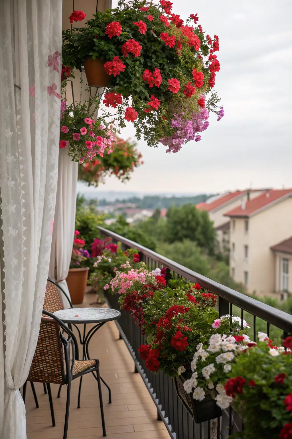 A lively geranium curtain creates a secluded haven.