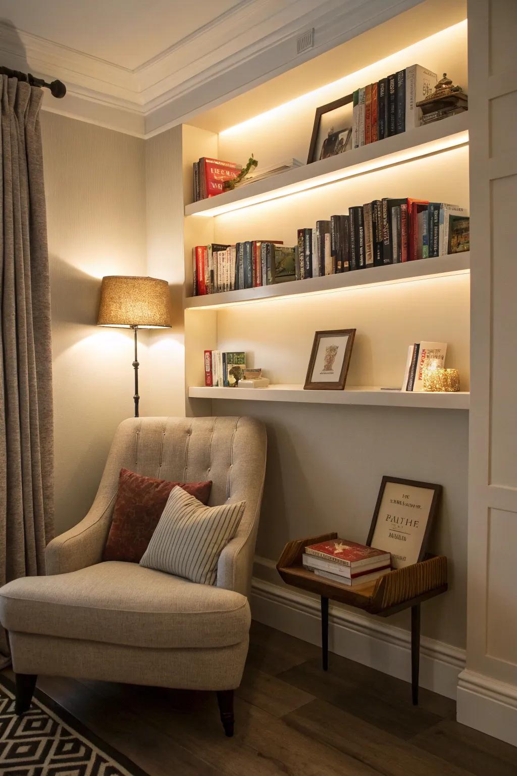 Elevated display shelves transform your book collection into a design feature.