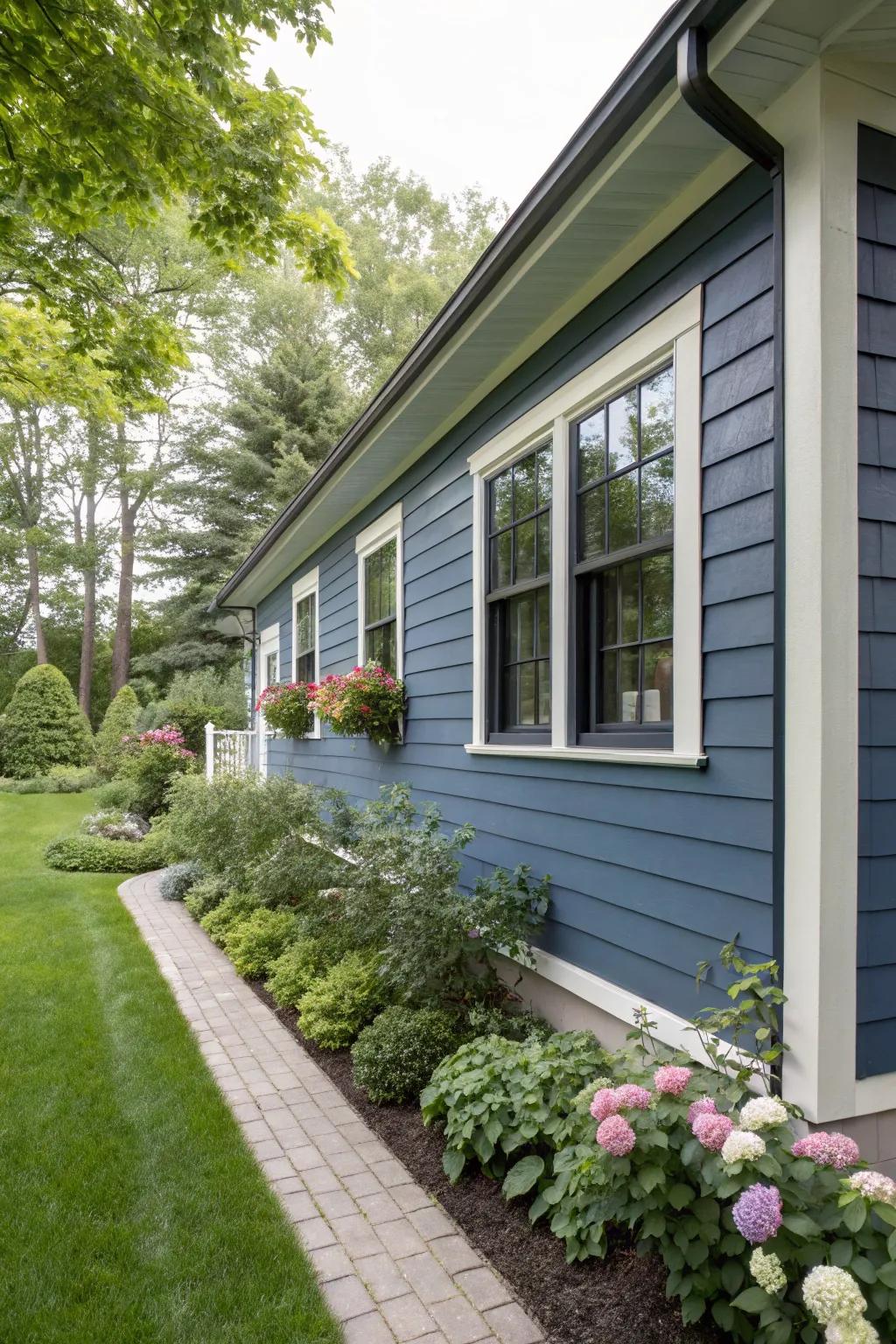 Dramatic deep sea blue trims offer a daring contrast against light gray siding.