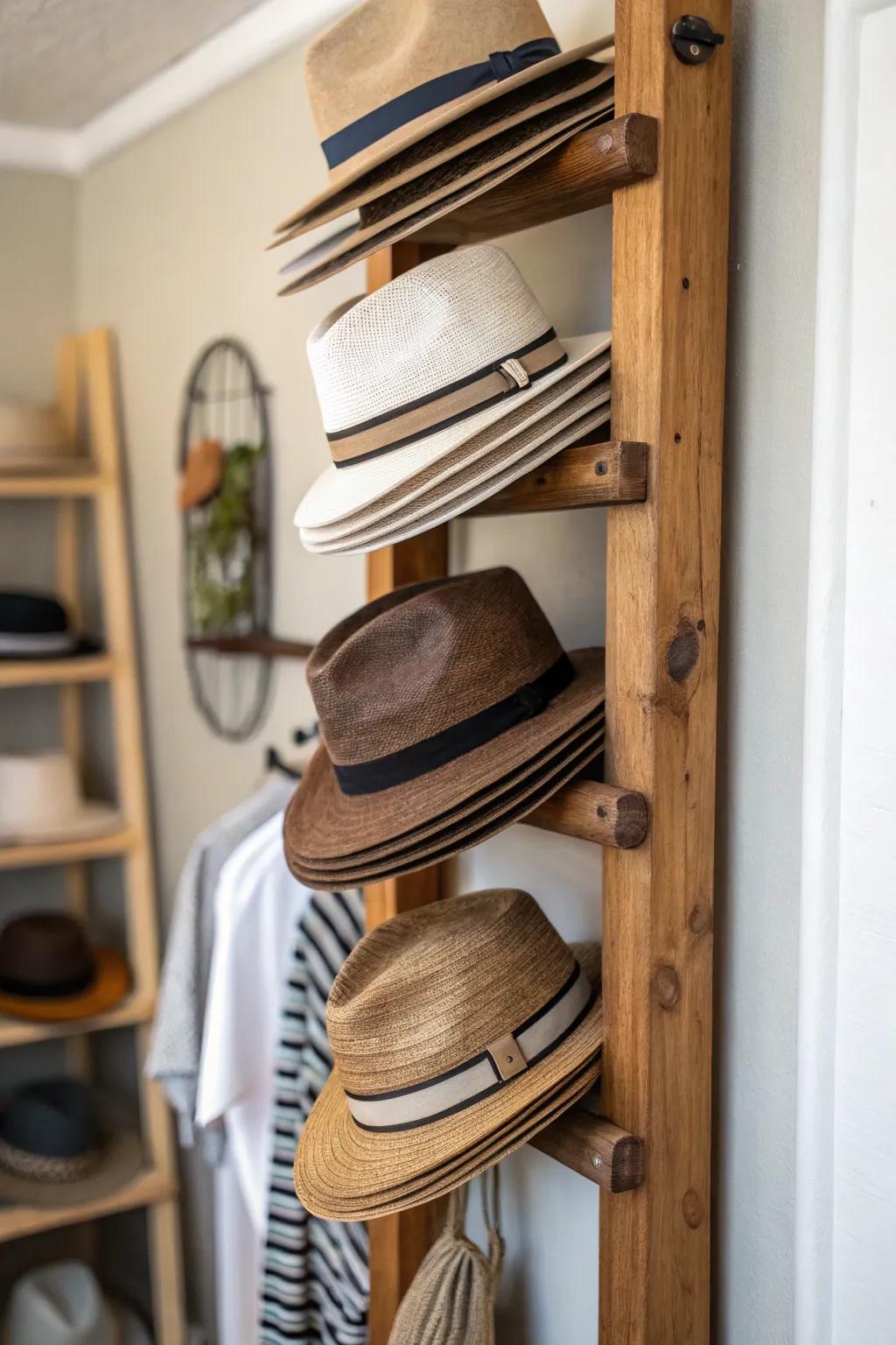 Upright timber organizers are a charmingly rustic and organized method for presenting your hats.