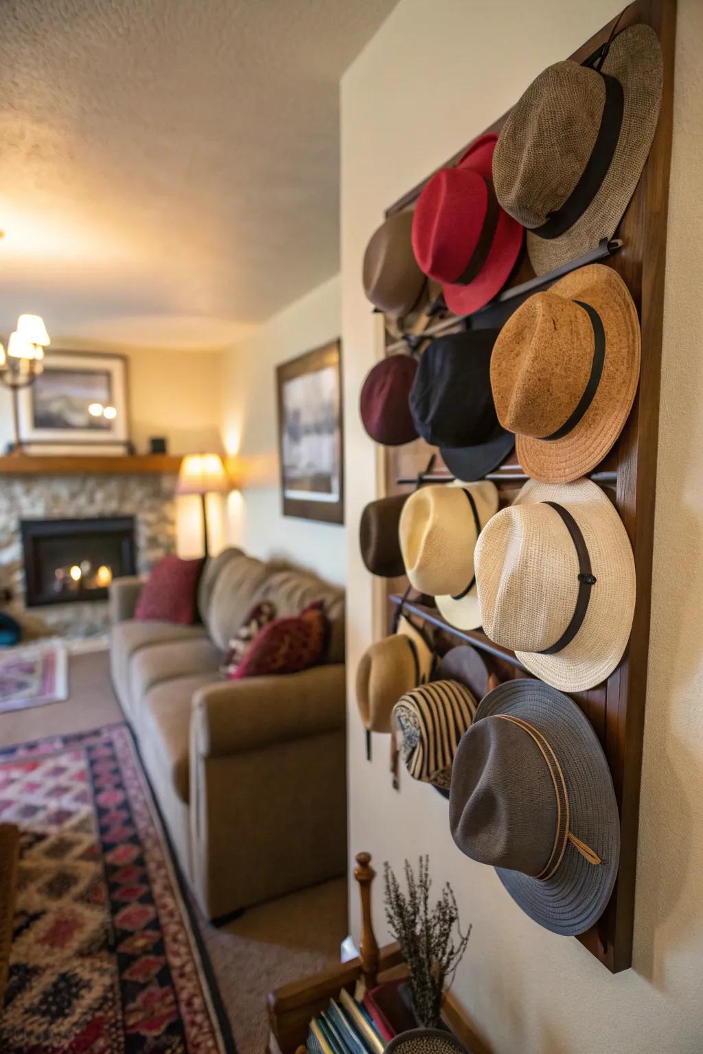 Neatly arranged hats on a wall-mounted rack.