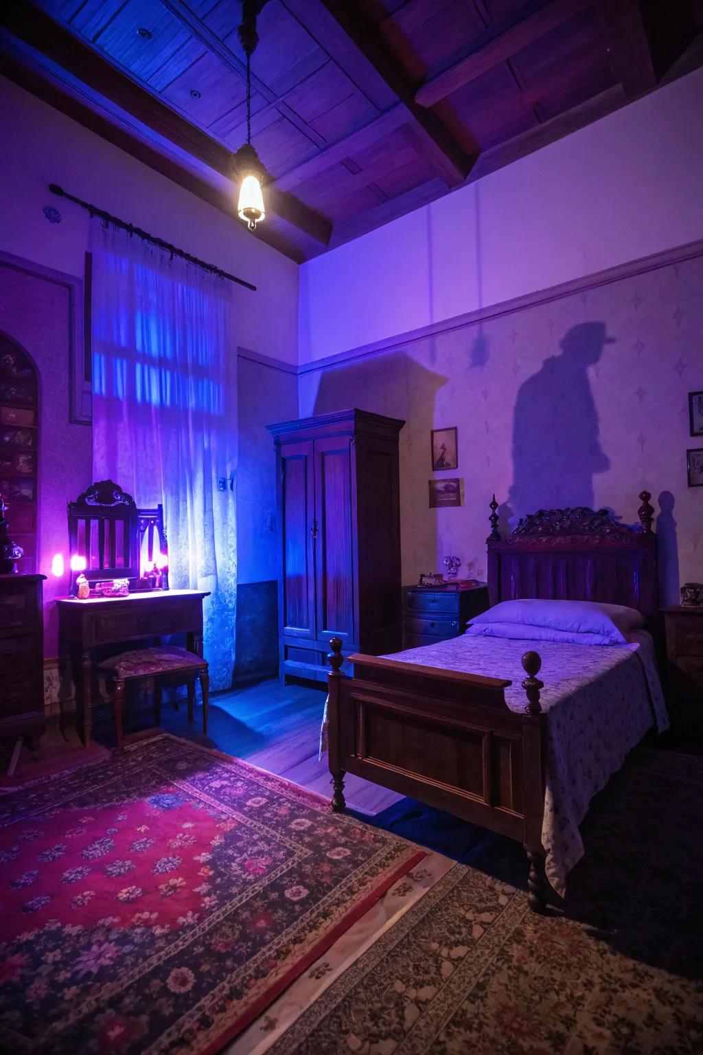 Eerie lighting contributes a spectral allure to your bedroom.