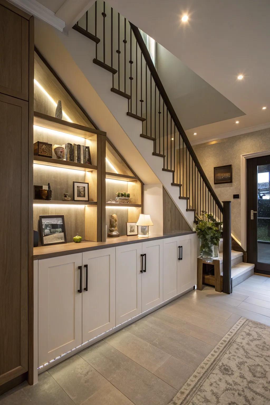 Bespoke cabinets nestled under the stairs, crafting an elegant hidden bar.