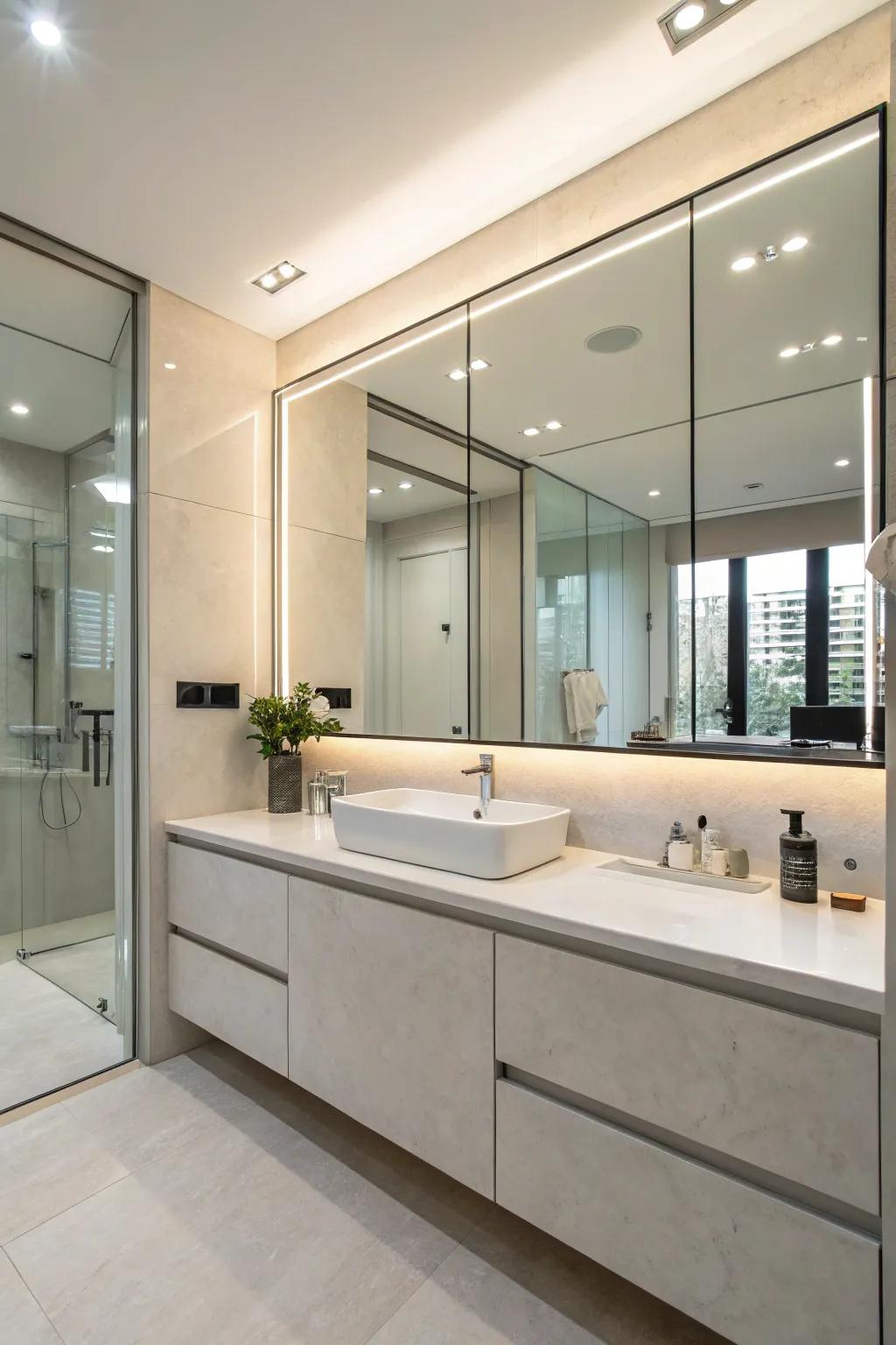 A spacious mirrored cabinet effortlessly merging into a contemporary bathroom.