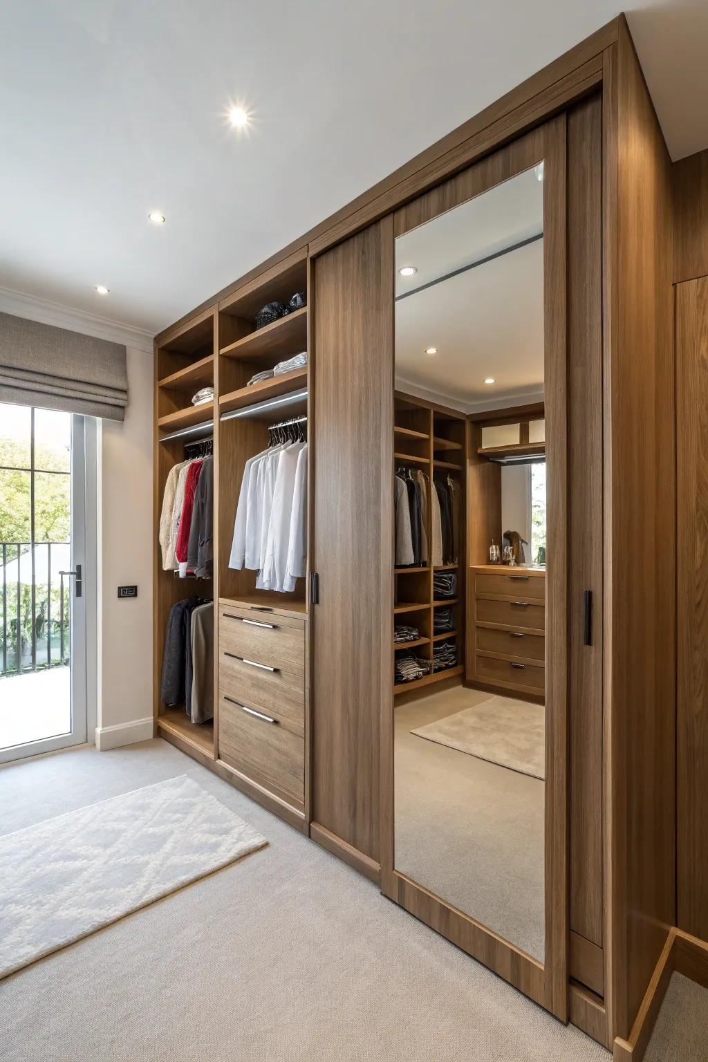 A cleverly designed hidden mirror door conceals a closet while enhancing functionality and style.