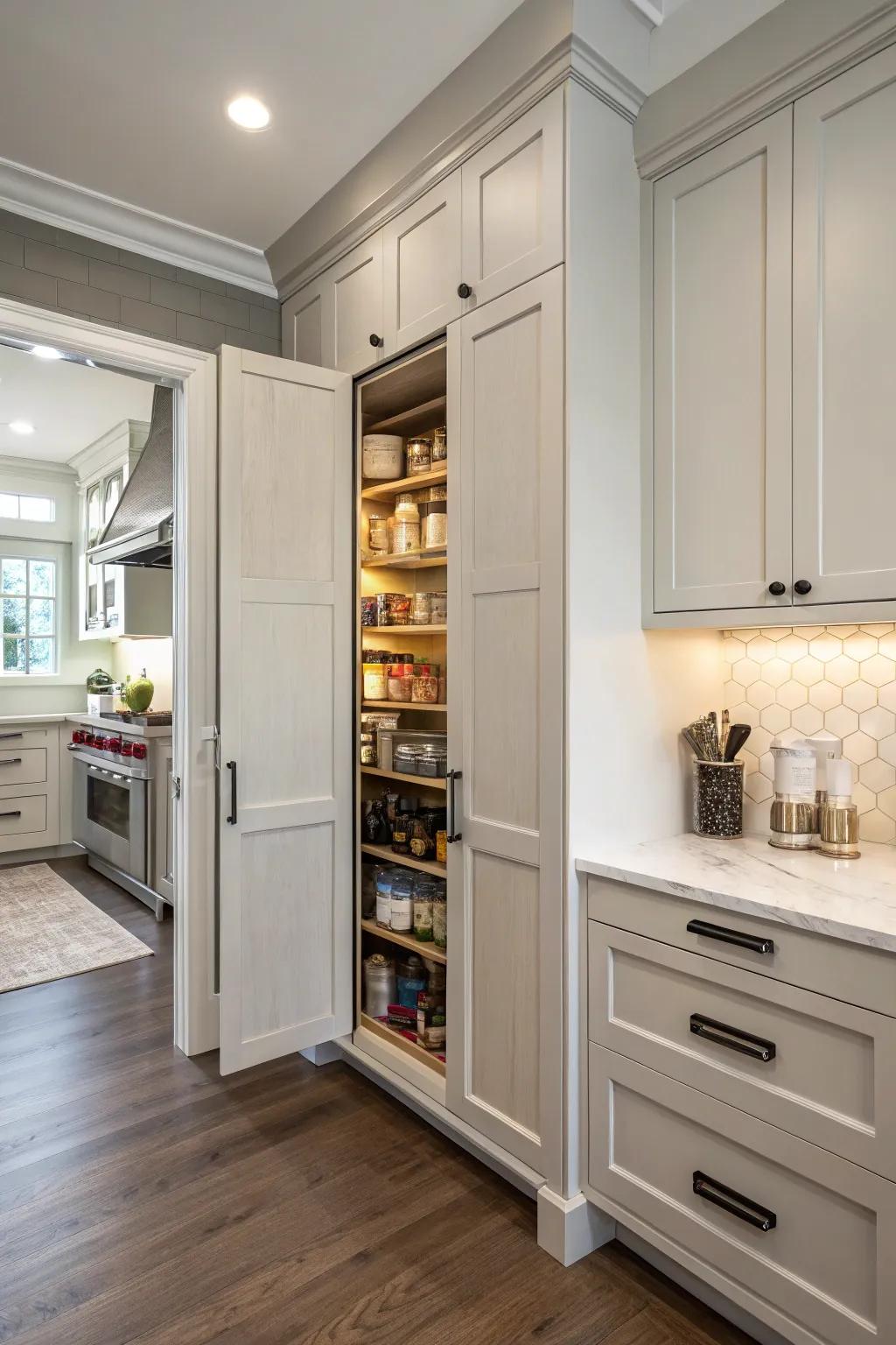 A cleverly hidden pantry blends seamlessly behind cabinet doors.