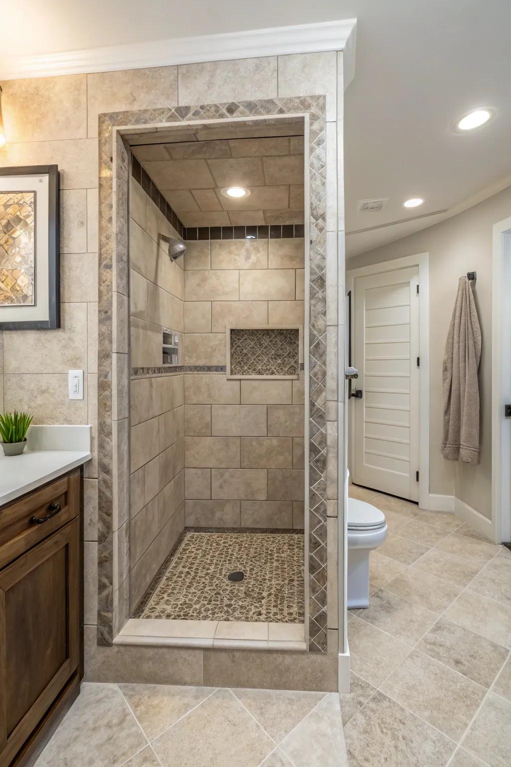 A concealed alcove shower effortlessly becomes one with the bathroom's overall design.
