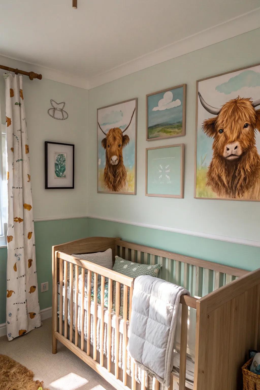 Prairie bovine wall decor introduces an element of tranquility and personality to the baby's room.