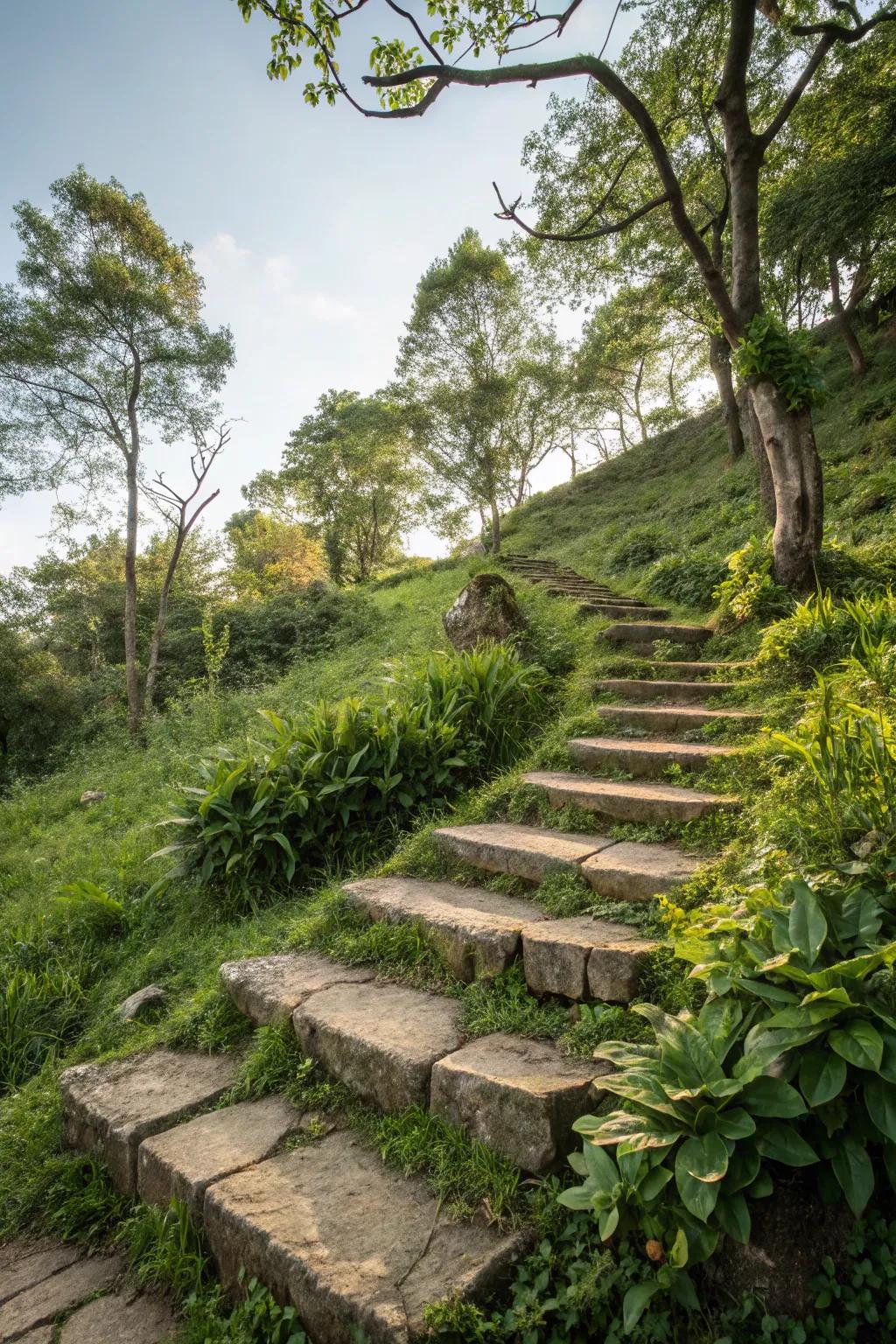 Natural stone squares bring sophistication and durability to hillside steps.