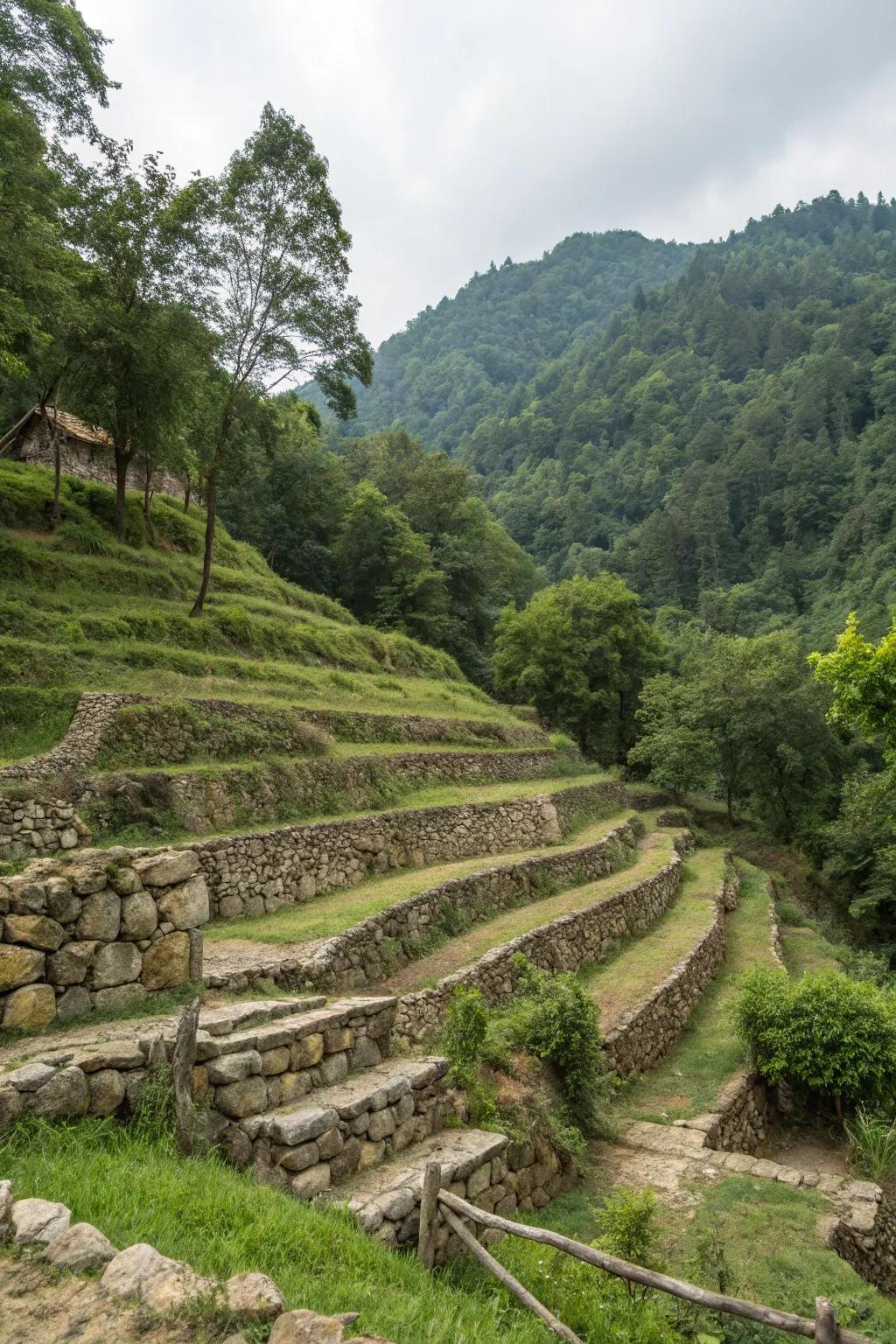 Terraces created with natural elements like stones and logs can make a hillside look amazing.