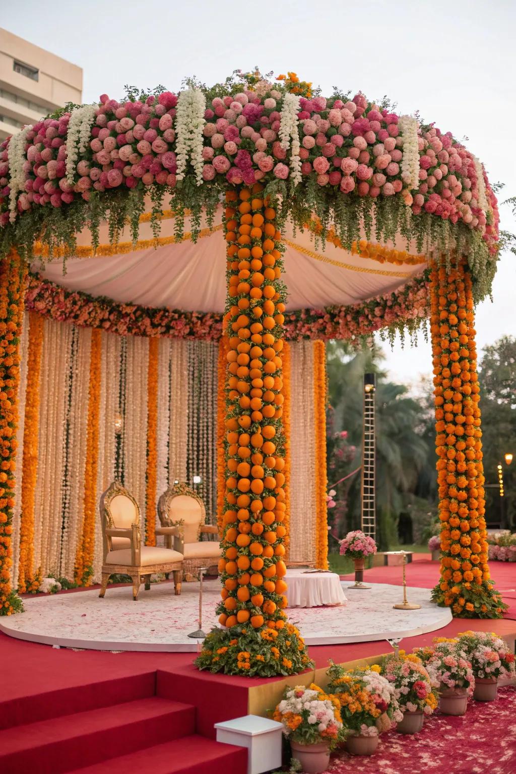 A mandap adorned with a lush canopy of roses and marigolds.