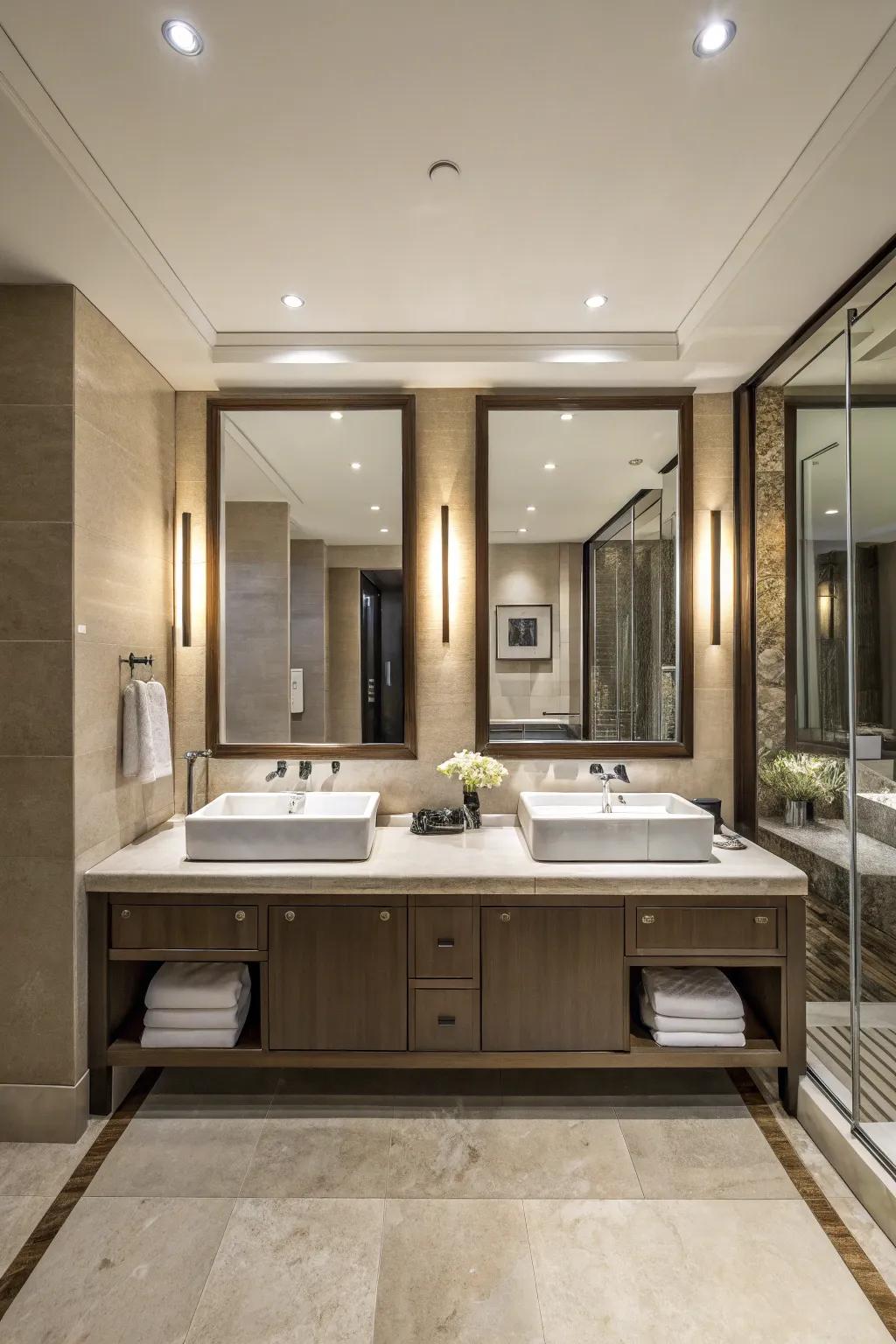 Two sinks offer personal space in a shared bathroom.