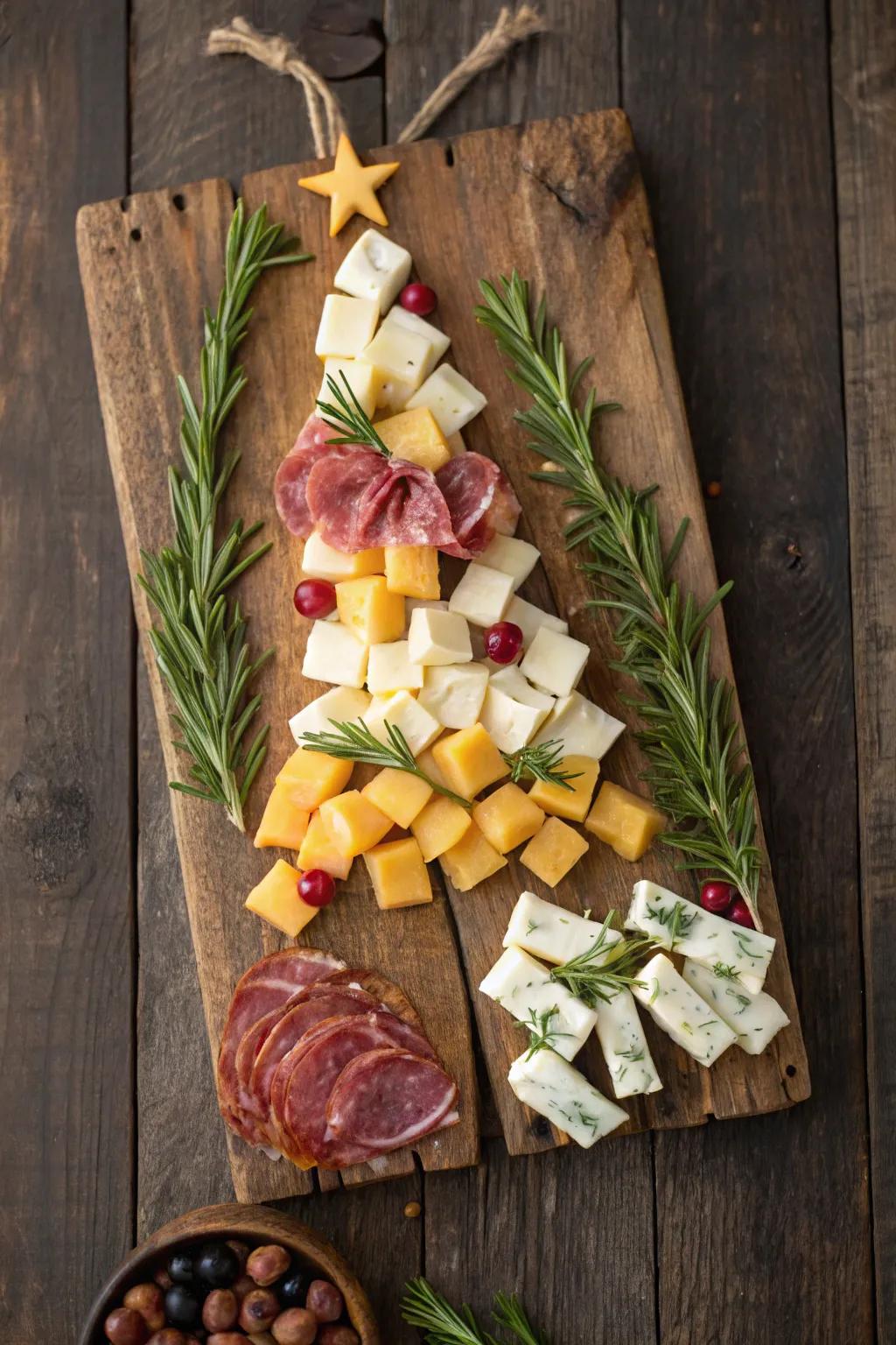 Charcuterie board shaped to resemble a Christmas tree.