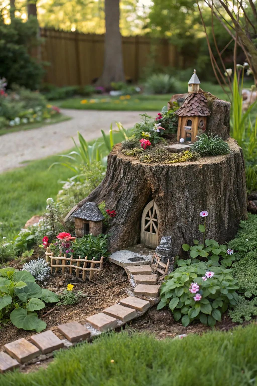 A magical miniature garden settled within a tree stump.