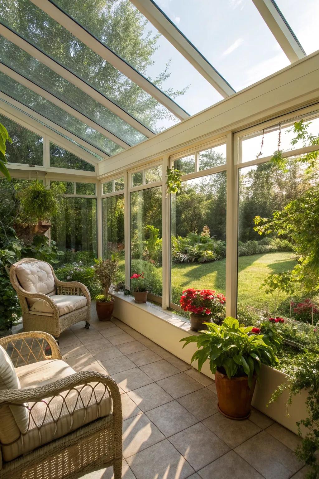 A sunroom filled with natural light and greenery.