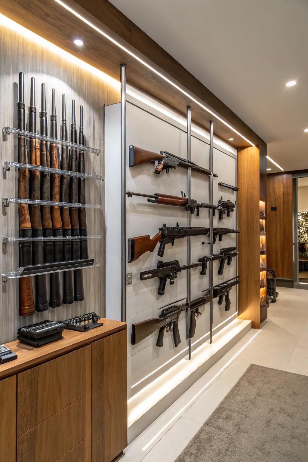 Transform your firearm collection into a display using wall-mounted racks.