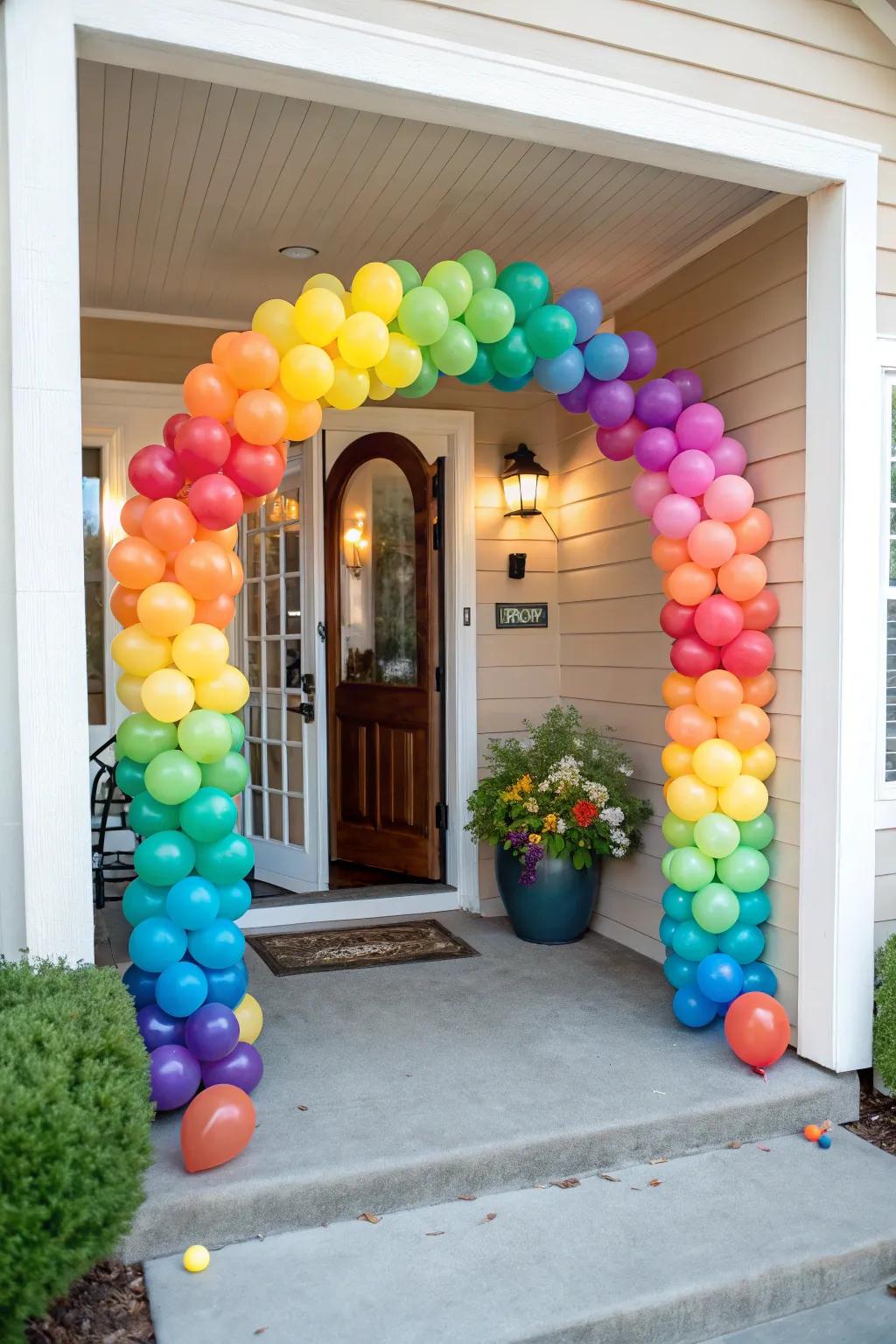 A vibrant balloon arch warmly greets guests as they arrive.