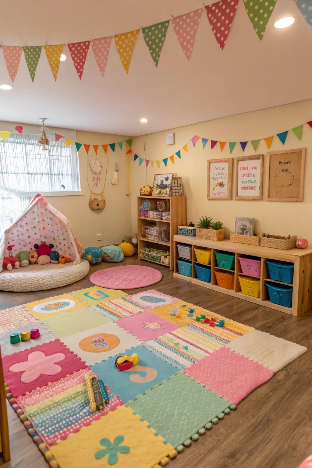 A dynamic and brilliantly colored play space in a home daycare setting.