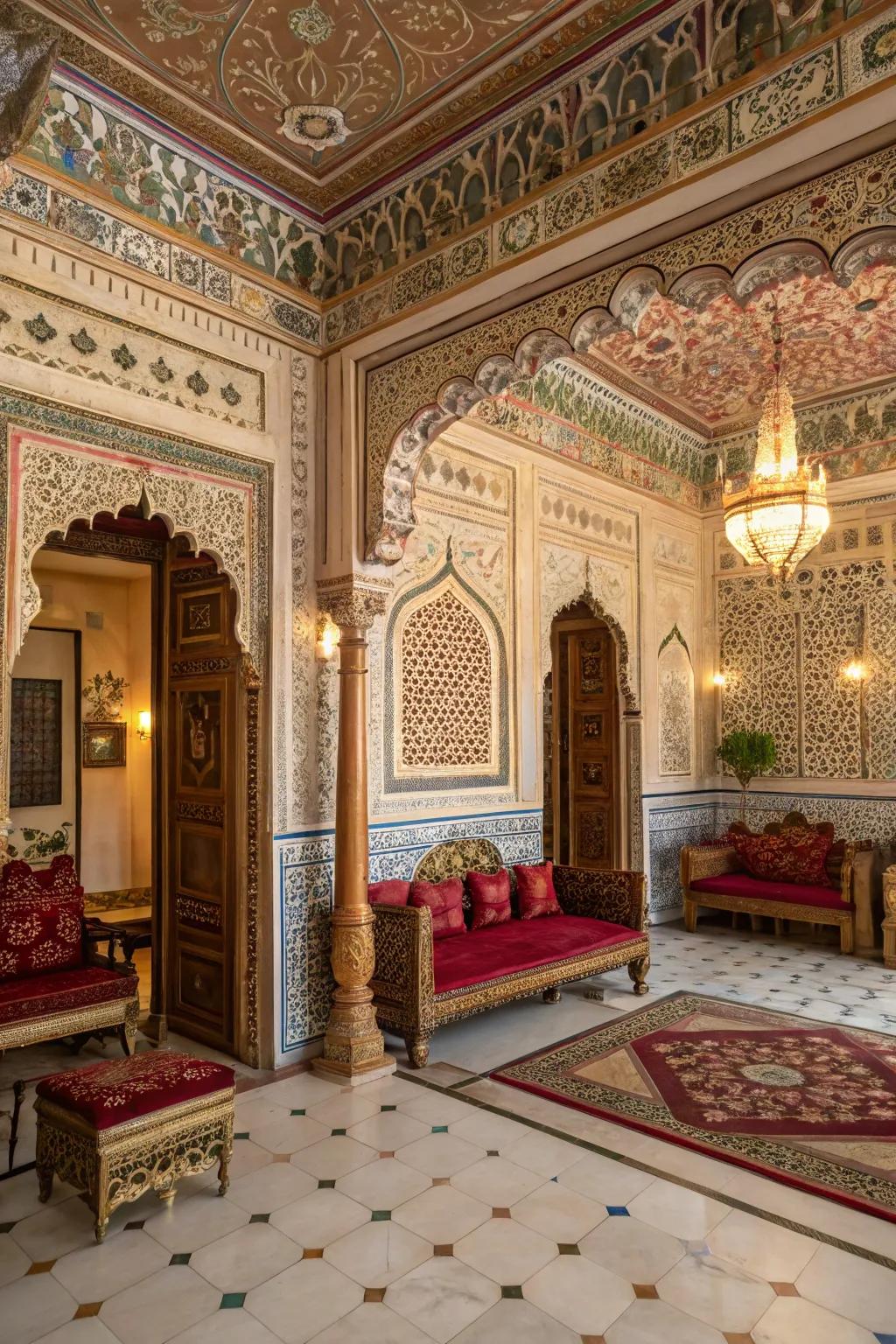 An elegant room showcasing decor inspired by the Mughal era