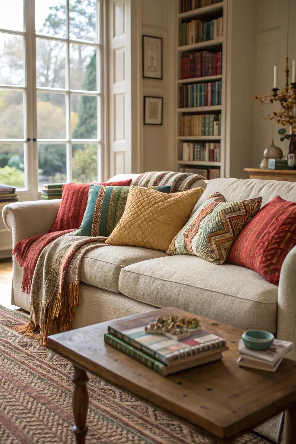 A chic living space where layered fabrics contribute warmth and texture.