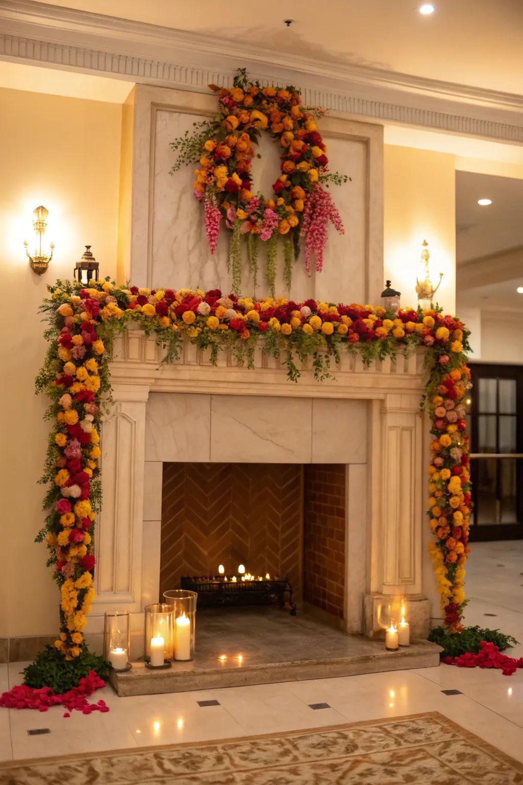Lush floral garlands elevate an ordinary fireplace into a captivating focal point.