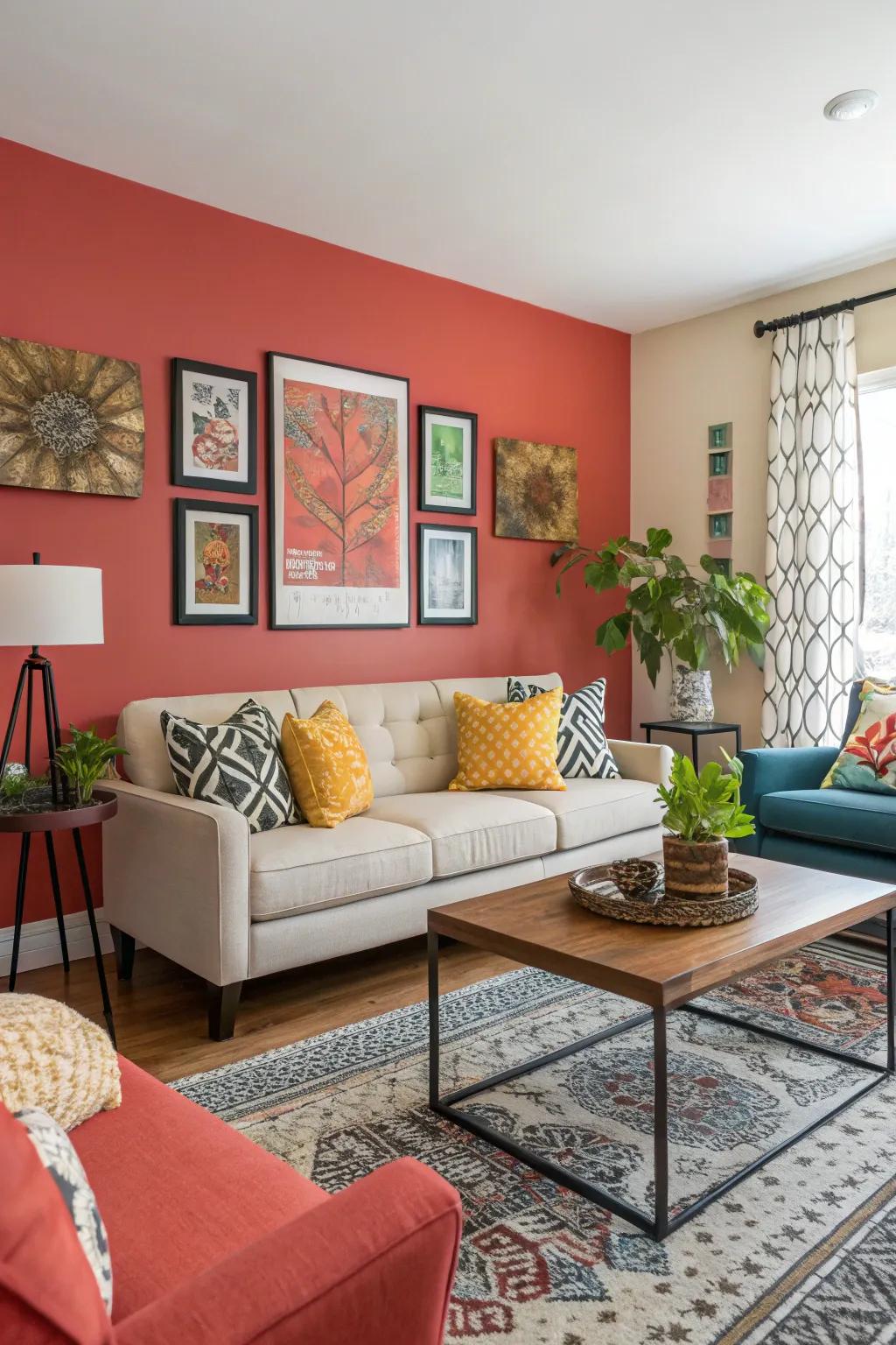 A striking accent wall brings depth and personality to your living room.