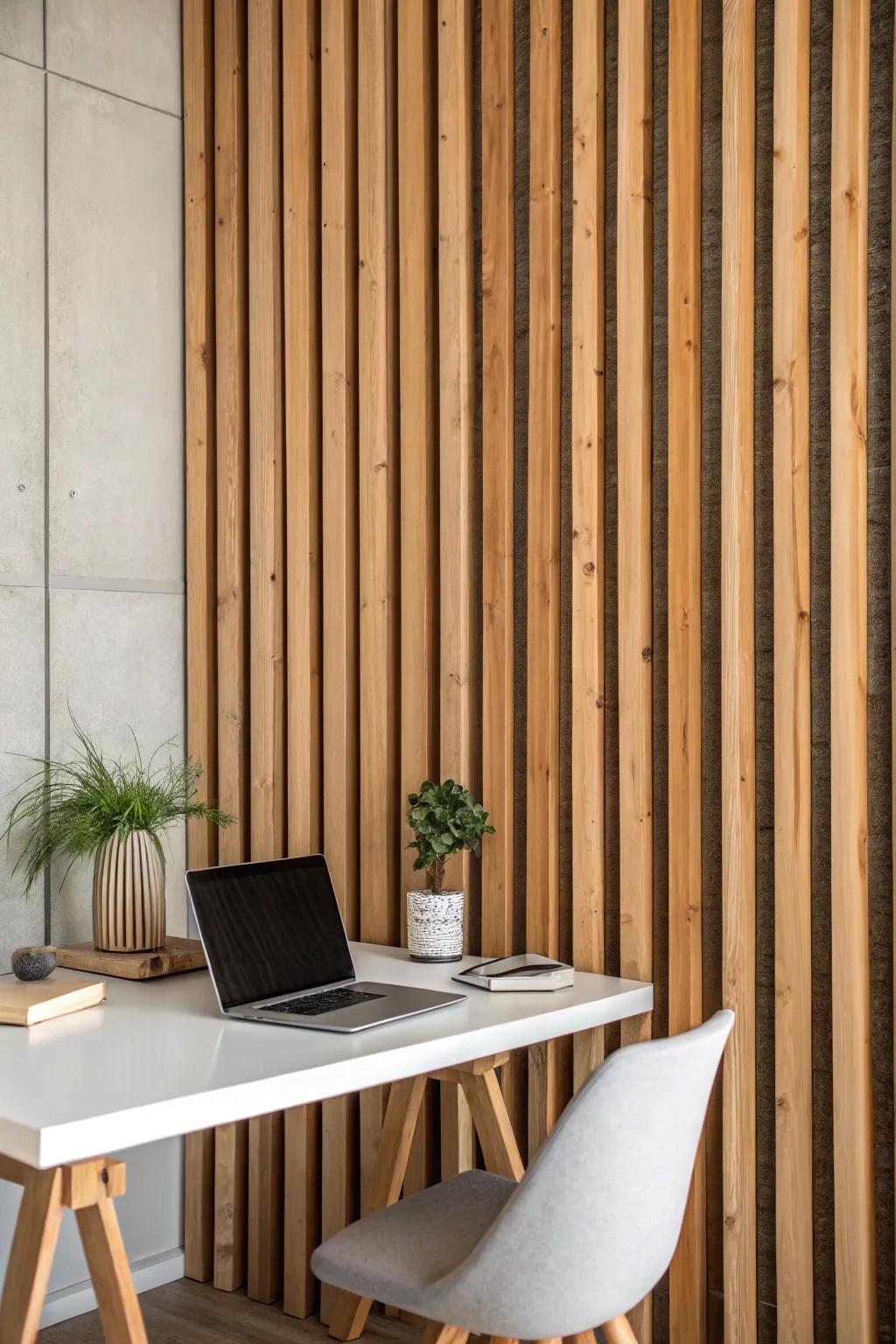 Vertical wooden slats add texture and warmth to this home office.