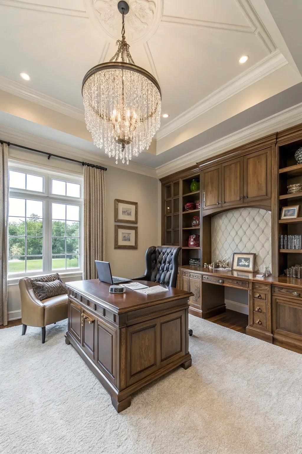 A crystal chandelier can elevate the elegance of any home office.