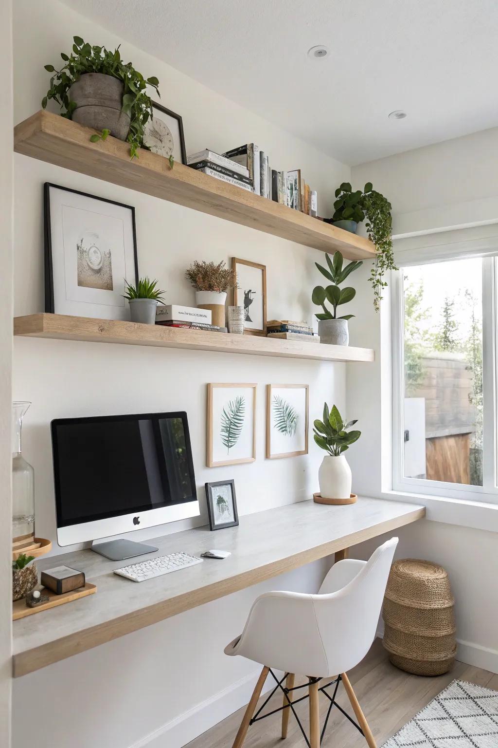 Floating shelves introduce sophistication and maximize available space.