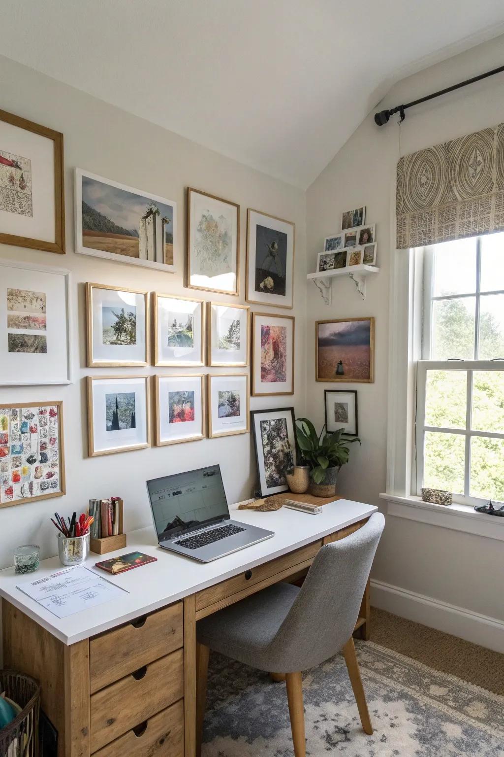 A gallery wall introduces a personal touch to your workspace.