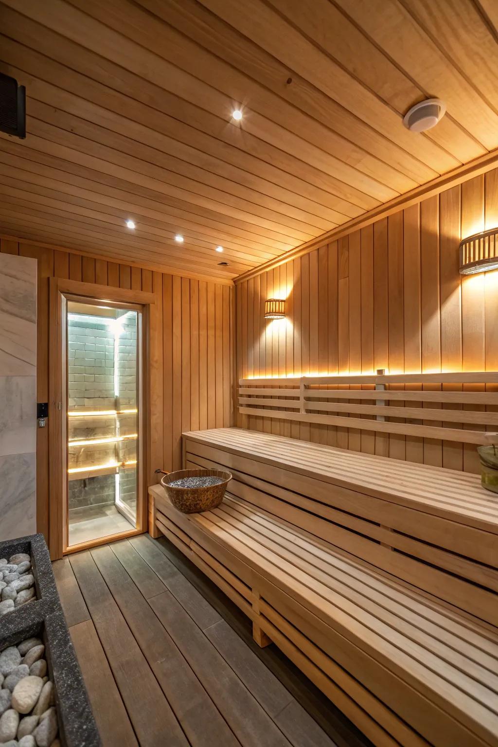 A comfortable cedar wood sauna featuring a warm and appealing ambiance.