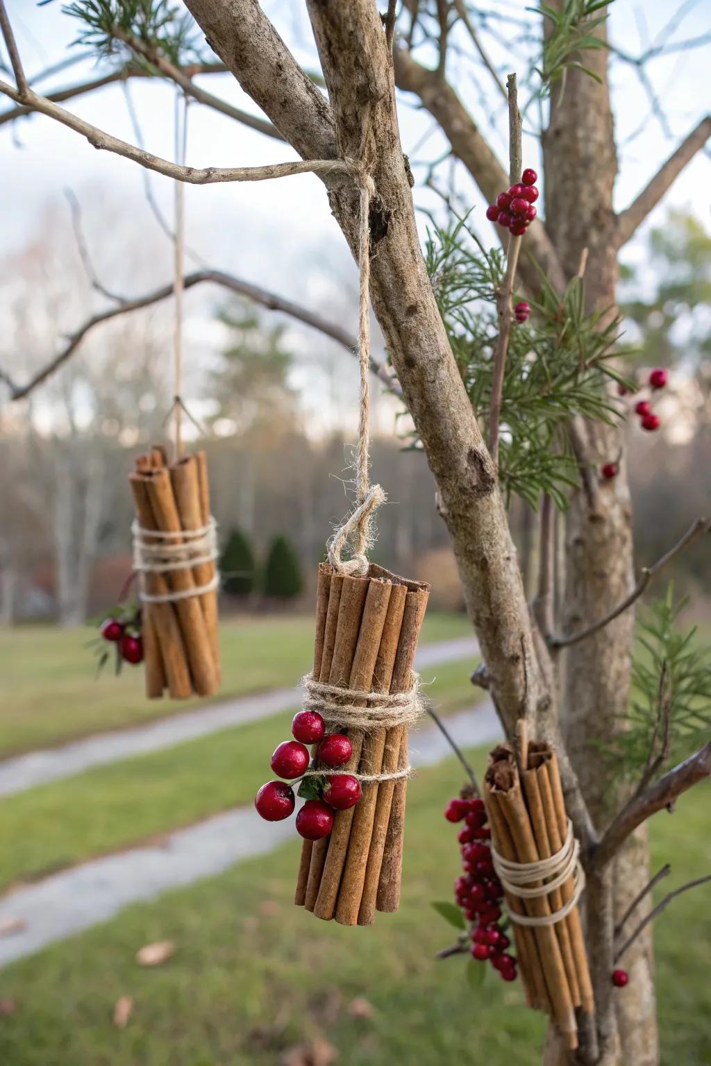Homespun spice stick ornaments imparting a cozy atmosphere to the holiday tree.
