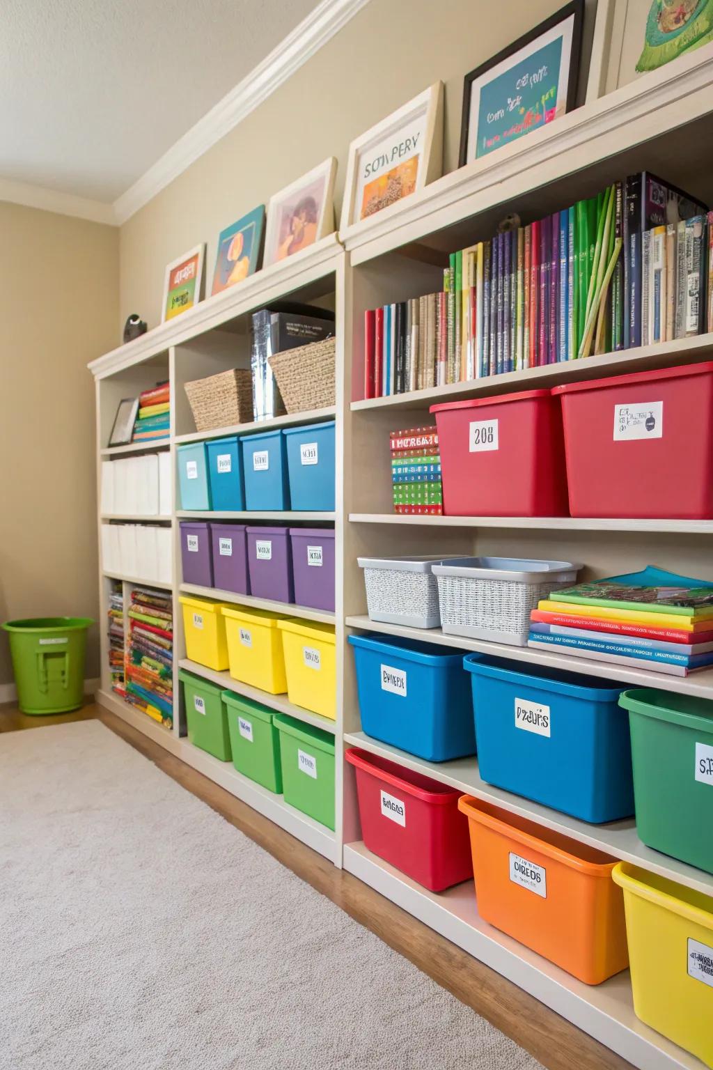 Color-coded bins make it easy to organize and find homeschool materials.