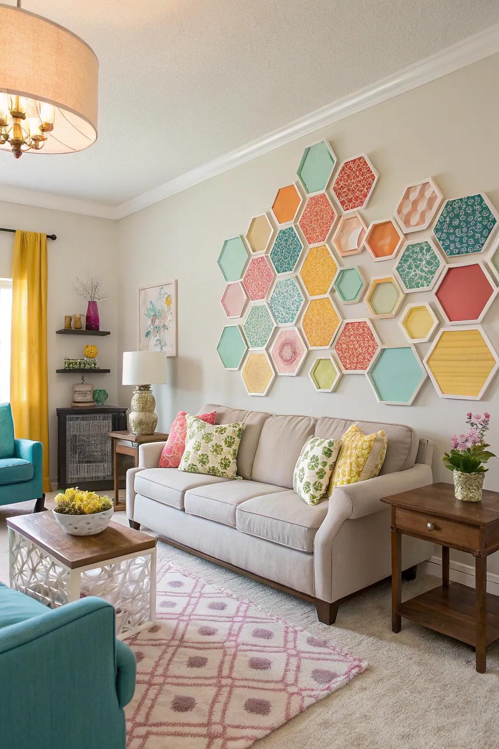 Fill your walls with the joy of colorful honeycomb patterns.